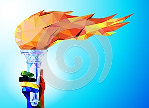 Torch, Flame. A hand from the Olympic ribbons holds the Cup with a torch on a blue background in a geometric triangle of XXIII sty