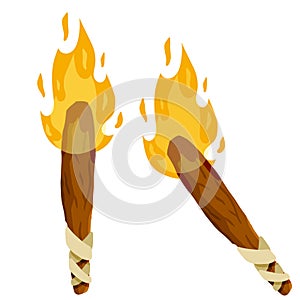 Torch and flame. Lighting element. Old primitive tool. Flat cartoon illustration. Wooden stick with fire