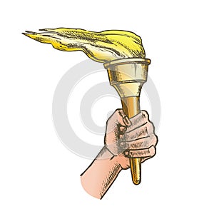 Torch Hand Holding Burning Stick Color Vector