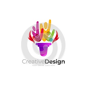 Torch logo with blended people image, abstract icon vector