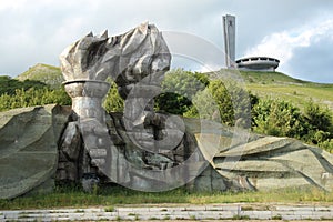 Torch monument with the Buzludzha Monument in Bulgaria