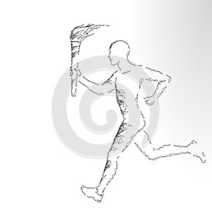 Torchbearer hold fire torch athlete run low poly. Polygonal modern 3d render white gray neutral monochrome star photo