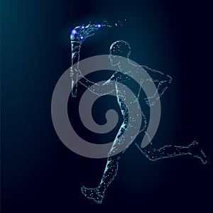 Torchbearer hold olympic fire torch athlete run low poly. Polygonal modern 3d render dark blue star international photo