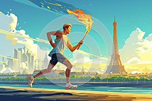 Torchbearer, vector illustration of running athletic man with Olympic flame. Generative AI photo