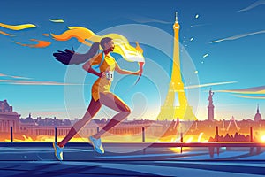 Torchbearer, vector illustration of running athletic woman with Olympic flame. Generative AI photo