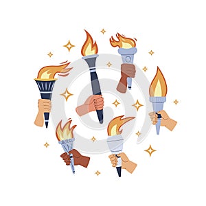 Torches with burning flame in hands circle emblem. Symbol of sport, games, victory and champion competition with different people