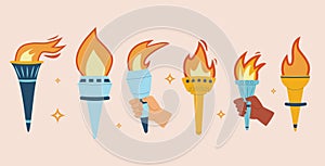 Torches with burning flame in hands set. Symbol of sport, games, victory and champion competition with different holding in palm.