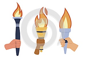 Torches with burning flame in hands set. Symbol of sport, games, victory and champion competition with different people race palm.