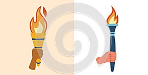Torches with burning flame in hands. Symbol of sport, games, victory and champion competition with different people race palm.