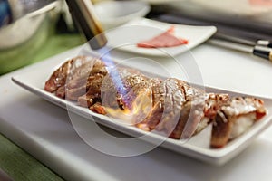 Torching Wagyu Sushi for Medium Rare Cooked