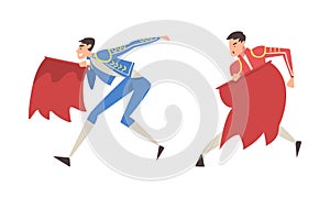 Toreadors set. Bullfighter character in traditional costume with red cloth at Spanish corrida performance cartoon vector