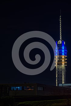 Colors of the Ukraine flag illuminated on the communication tower