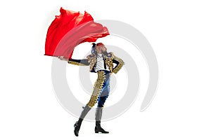 Torero in blue and gold suit or typical spanish bullfighter isolated over white