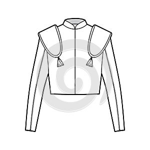 Torero jacket matador technical fashion illustration with long sleeves, stand collar, waist length, embellish chaqueta