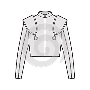 Torero jacket matador technical fashion illustration with long sleeves, stand collar, waist length, embellish chaqueta photo