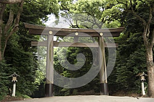 Tori gate and Lamp at Meiji-jingu temple or shrine in japanese