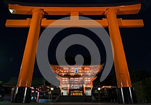 Tori Gate at night at Fushimi Inari Taisha in Kyoto, Japan