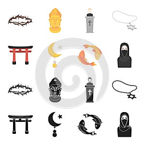 Torii, carp koi, woman in hijab, star and crescent. Religion set collection icons in black,cartoon style vector symbol