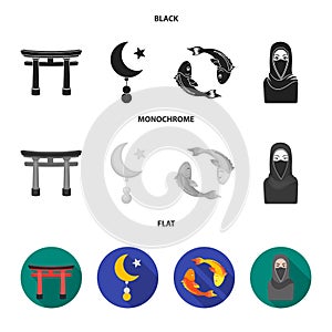 Torii, carp koi, woman in hijab, star and crescent. Religion set collection icons in black, flat, monochrome style