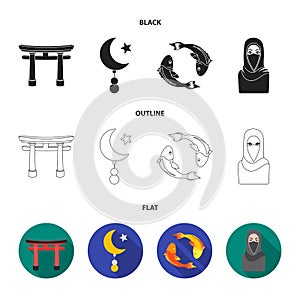 Torii, carp koi, woman in hijab, star and crescent. Religion set collection icons in black,flat,outline style vector