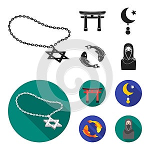 Torii, carp koi, woman in hijab, star and crescent. Religion set collection icons in black,flat style vector symbol