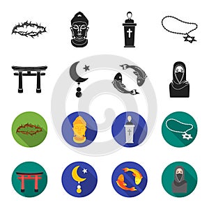 Torii, carp koi, woman in hijab, star and crescent. Religion set collection icons in black,flet style vector symbol