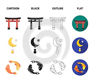 Torii, carp koi, woman in hijab, star and crescent. Religion set collection icons in cartoon,black,outline,flat style