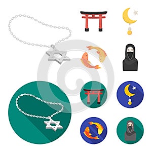 Torii, carp koi, woman in hijab, star and crescent. Religion set collection icons in cartoon,flat style vector symbol