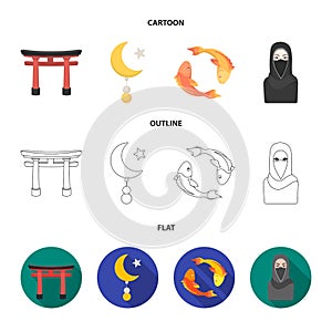 Torii, carp koi, woman in hijab, star and crescent. Religion set collection icons in cartoon,outline,flat style vector