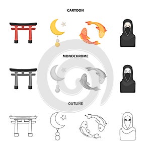 Torii, carp koi, woman in hijab, star and crescent. Religion set collection icons in cartoon,outline,monochrome style