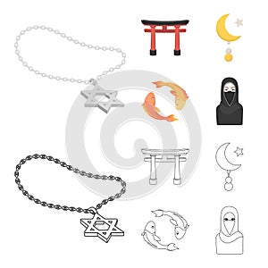 Torii, carp koi, woman in hijab, star and crescent. Religion set collection icons in cartoon,outline style vector symbol