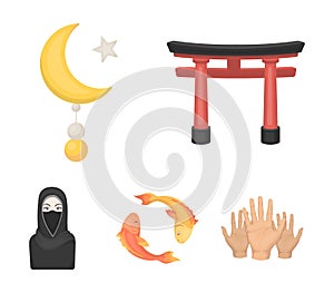 Torii, carp koi, woman in hijab, star and crescent. Religion set collection icons in cartoon style vector symbol stock