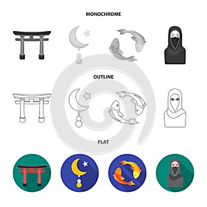 Torii, carp koi, woman in hijab, star and crescent. Religion set collection icons in flat,outline,monochrome style