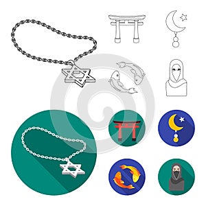 Torii, carp koi, woman in hijab, star and crescent. Religion set collection icons in outline,flat style vector symbol