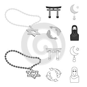 Torii, carp koi, woman in hijab, star and crescent. Religion set collection icons in outline,monochrome style vector