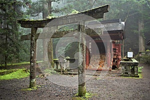 Torii in front of Kannon-do with small wooden Shogi blocks inscription kyosha é¦™è»Š, Nikko, Japan