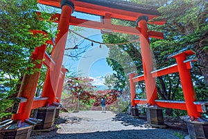 Torii gate of Chureito Pagoda with the Peak of Mt. Fuji in the s