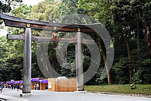 Torii Gate at the entrance of the Meiji Jingu shrine, in Tokyo