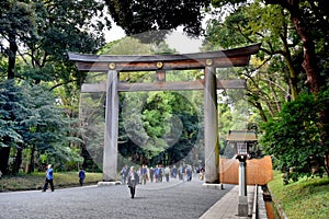 Torii Gate at the entrance of the Meiji Jingu shrine, in Tokyo