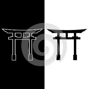 Torii gate sign. Traditional Japanese gate. Symbol of Japanese Shinto religion. Line art. Isolated icon on black, white background