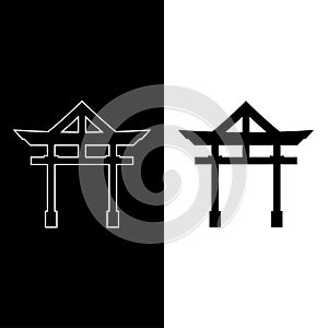 Torii gate sign. Traditional Japanese gate. Symbol of Japanese Shinto religion. Line art. Isolated icon on black, white background