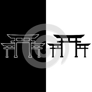 Torii gate sign. Traditional Japanese gate. Symbol of Japanese Shinto religion. Line art. Isolated icon on black, white background