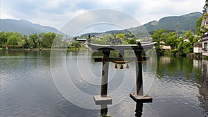 Torii on Kinrin Lake in Yufuin, Oita, Japan