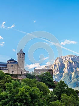 Torla Ordesa, church with the mountains at bottom, Pyrenees Spain vertical