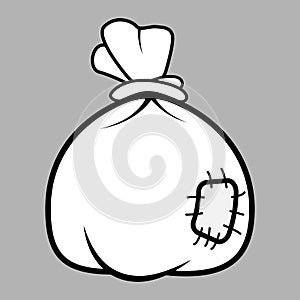 Torn bag of money. Cloth bag with a hole. Bag icon. Vector illustration of old bag with money