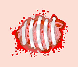 Torn belly wound. Zombie Bite Ribs and internal organs, intestines. vector illustration