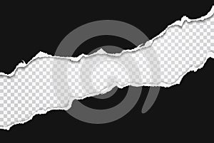 Torn of black paper strips, pieces are on squared, transparent background for text, advertising or design. Vector