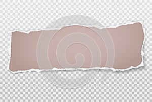 Torn of brown note, notebook paper piece stuck on white squared, transparent background. Vector illustration