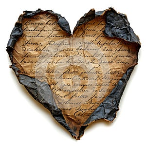 Torn and burned heart-shaped love letter with old cursive handwriting on white background