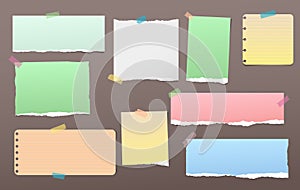 Torn colorful note, notebook paper pieces for text stuck with sticky tape on dark brown background. Vector illustration.